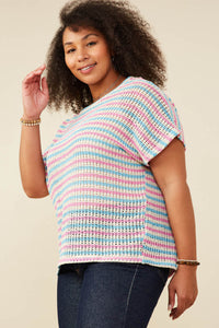 HY9221W Pink Mix Plus Open Knit Multi Stripe Boxy Dolman Top Gif