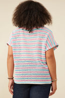 HY9221W Pink Mix Plus Open Knit Multi Stripe Boxy Dolman Top Full Body