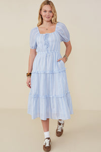 HY9228 Blue Womens Bow Detailed Crochet Lace Square Neck Dress Full Body