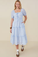 HY9228 Blue Womens Bow Detailed Crochet Lace Square Neck Dress Full Body