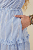 HY9228 Blue Womens Bow Detailed Crochet Lace Square Neck Dress Front