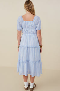 HY9228 Blue Womens Bow Detailed Crochet Lace Square Neck Dress Detail