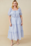HY9228W Blue Plus Bow Detailed Crochet Lace Square Neck Dress Full Body