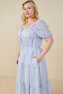 HY9228W Blue Plus Bow Detailed Crochet Lace Square Neck Dress Gif