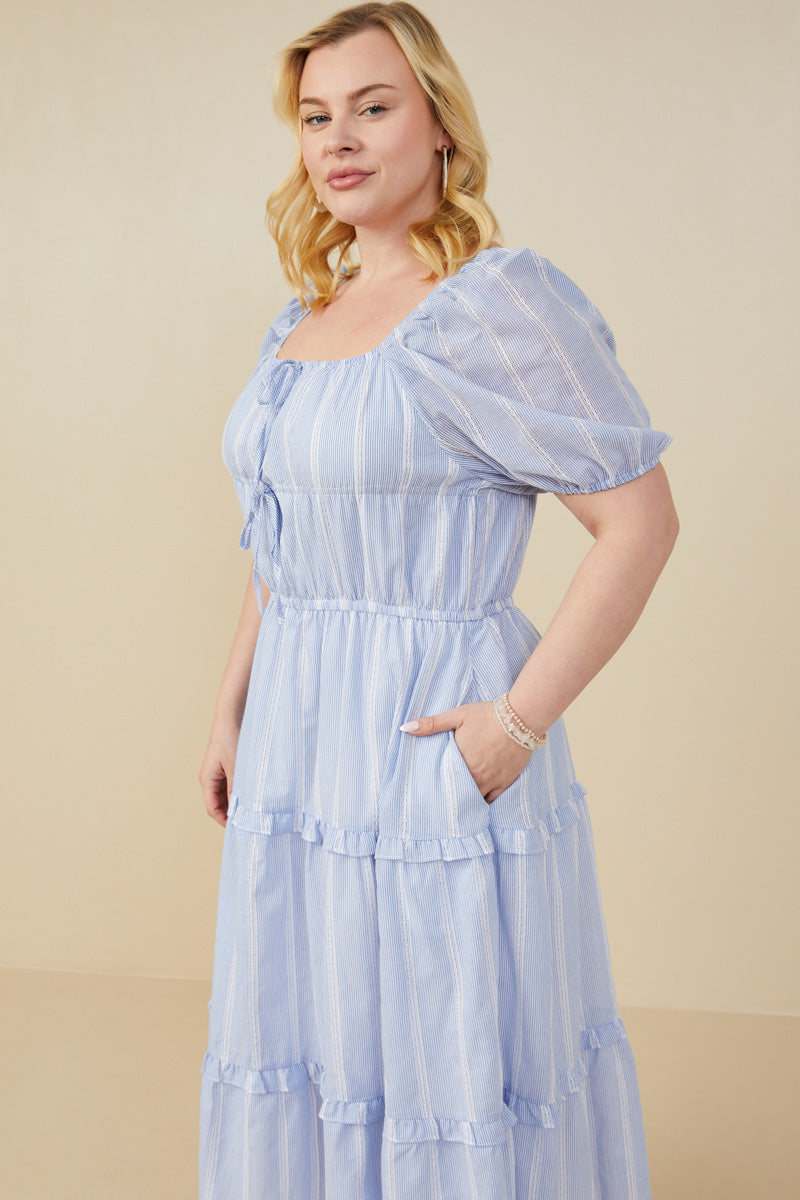 HY9228W Blue Plus Bow Detailed Crochet Lace Square Neck Dress Gif