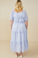 HY9228W Blue Plus Bow Detailed Crochet Lace Square Neck Dress Front