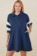 HY9233W Yellow Plus Colorblock Sleeve Collared French Terry Dress Front