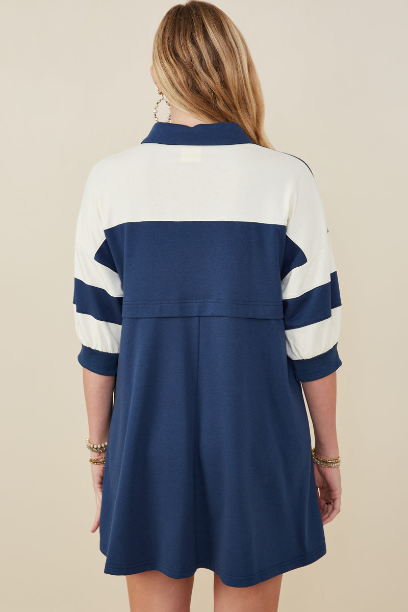 HY9233 Yellow Womens Colorblock Sleeve Collared French Terry Dress Detail