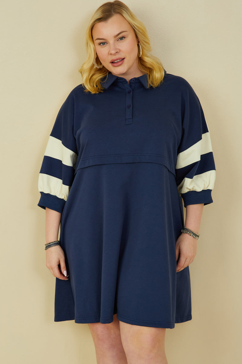 Womens Colorblock Sleeve Collared French Terry Dress