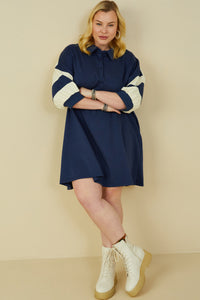 HY9233W Yellow Plus Colorblock Sleeve Collared French Terry Dress Gif