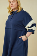 HY9233W Yellow Plus Colorblock Sleeve Collared French Terry Dress Full Body