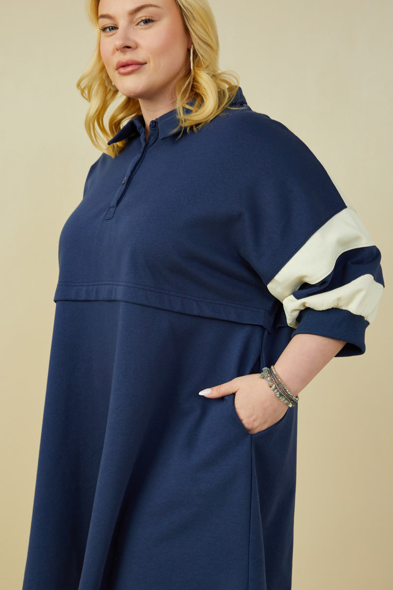 HY9233W Yellow Plus Colorblock Sleeve Collared French Terry Dress Full Body