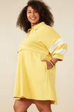 HY9233W Navy Plus Colorblock Sleeve Collared French Terry Dress Full Body