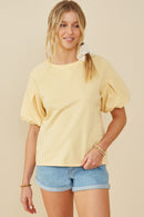 HY9238 Yellow Womens Box Pleat Puff Sleeve French Terry Top Front