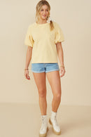 HY9238 Yellow Womens Box Pleat Puff Sleeve French Terry Top Gif