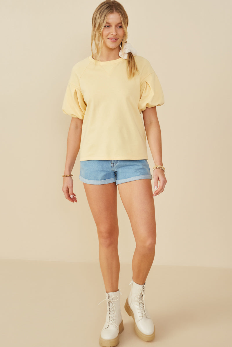 HY9238 Yellow Womens Box Pleat Puff Sleeve French Terry Top Gif