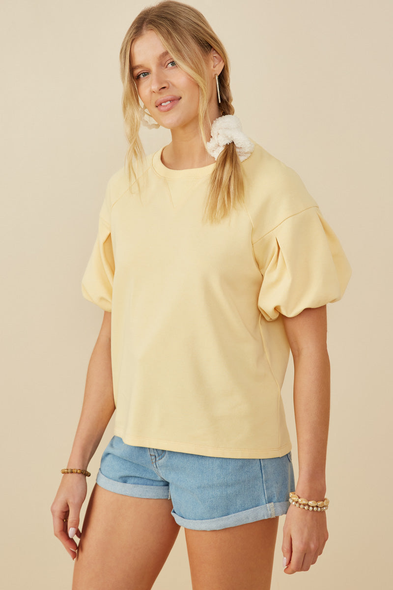 HY9238 Yellow Womens Box Pleat Puff Sleeve French Terry Top Full Body