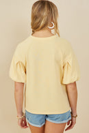 HY9238 Yellow Womens Box Pleat Puff Sleeve French Terry Top Side