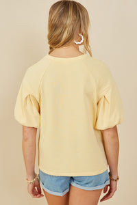 HY9238 Yellow Womens Box Pleat Puff Sleeve French Terry Top Side