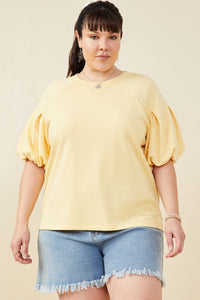HY9238W Yellow Plus Box Pleat Puff Sleeve French Terry Top Front