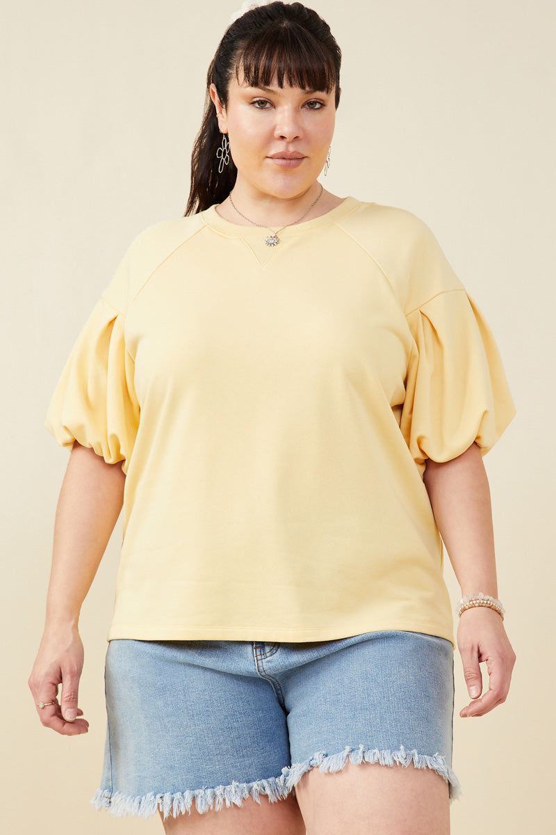 Box Pleat Puff Sleeve French Terry Top
