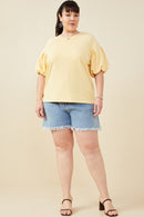 HY9238 Yellow Womens Box Pleat Puff Sleeve French Terry Top Back