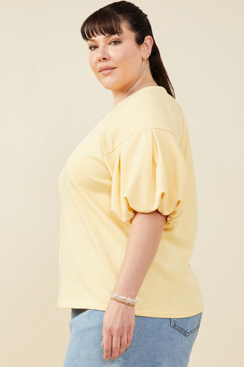 HY9238W Yellow Plus Box Pleat Puff Sleeve French Terry Top Gif