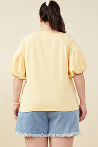 HY9238W Yellow Plus Box Pleat Puff Sleeve French Terry Top Full Body