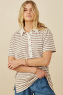HY9242W Taupe Plus Brushed Striped Button Detail Boxy Polo Shirt Front