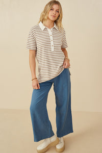 HY9242 Taupe Womens Brushed Striped Button Detail Boxy Polo Shirt Gif