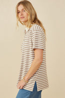 HY9242 Taupe Womens Brushed Striped Button Detail Boxy Polo Shirt Full Body