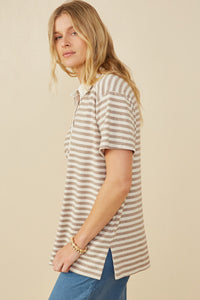 HY9242 Taupe Womens Brushed Striped Button Detail Boxy Polo Shirt Full Body