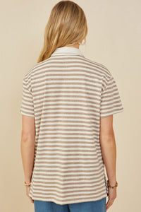HY9242 Taupe Womens Brushed Striped Button Detail Boxy Polo Shirt Side