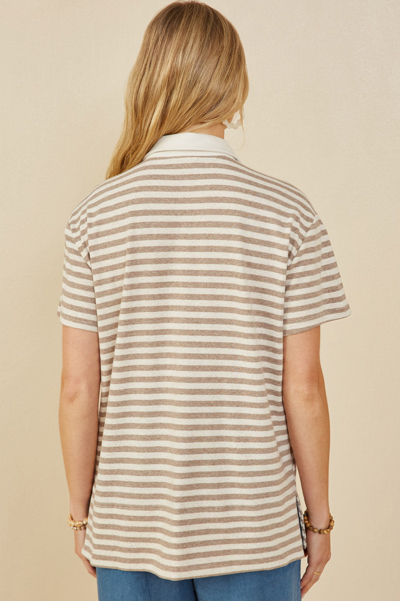 HY9242 Taupe Womens Brushed Striped Button Detail Boxy Polo Shirt Side