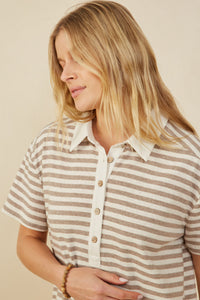 HY9242 Taupe Womens Brushed Striped Button Detail Boxy Polo Shirt Back