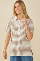 HY9242 Taupe Womens Brushed Striped Button Detail Boxy Polo Shirt Detail