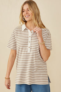HY9242 Taupe Womens Brushed Striped Button Detail Boxy Polo Shirt Detail