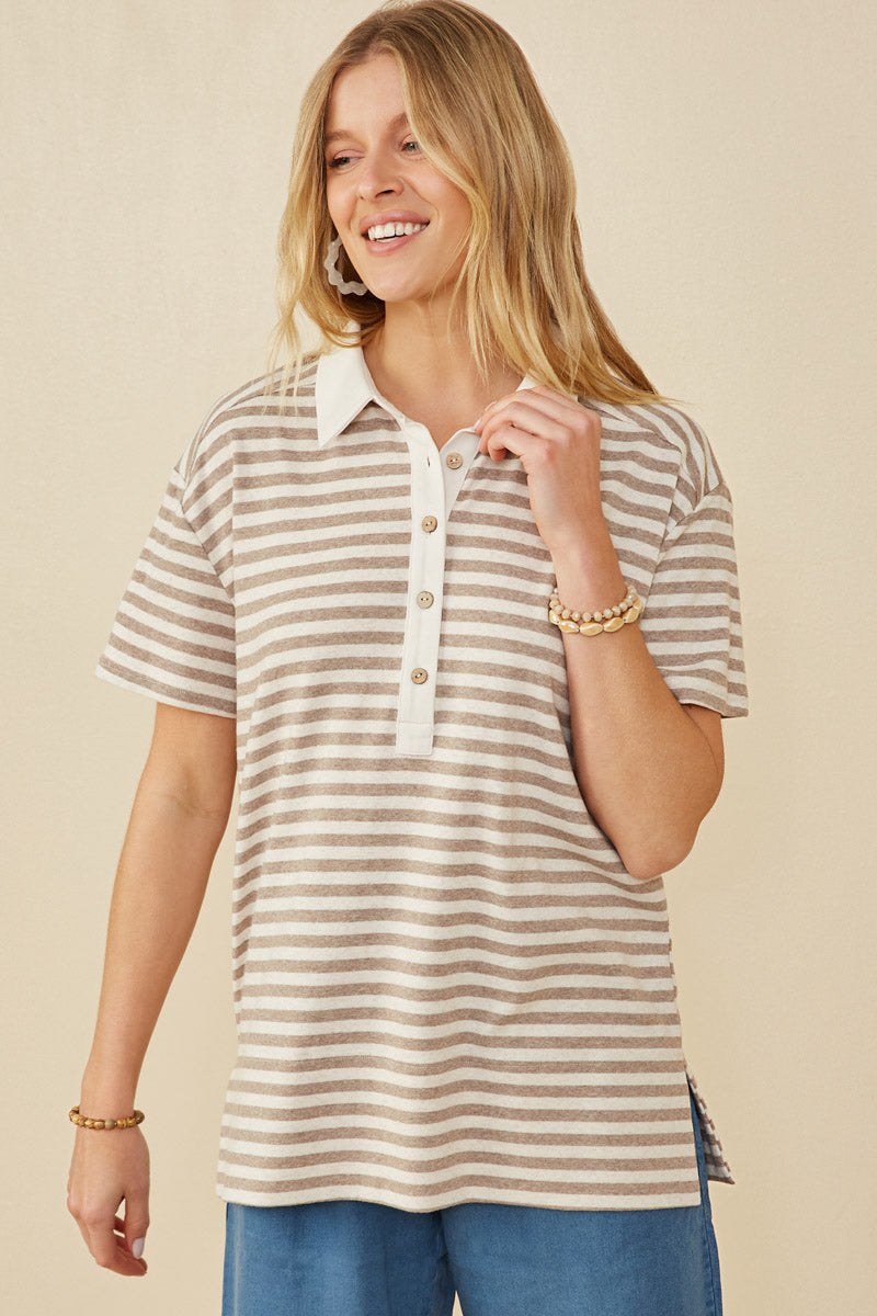 HY9242 Taupe Womens Brushed Striped Button Detail Boxy Polo Shirt Detail