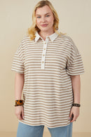 HY9242 Taupe Womens Brushed Striped Button Detail Boxy Polo Shirt Pose