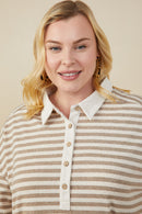HY9242 Taupe Womens Brushed Striped Button Detail Boxy Polo Shirt Front