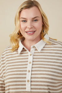 HY9242 Taupe Womens Brushed Striped Button Detail Boxy Polo Shirt Front
