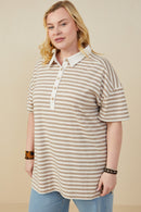HY9242W Taupe Plus Brushed Striped Button Detail Boxy Polo Shirt Gif