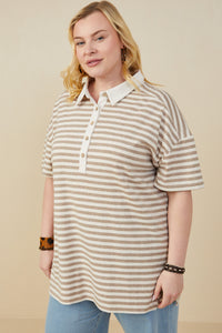 HY9242W Taupe Plus Brushed Striped Button Detail Boxy Polo Shirt Gif