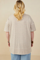 HY9242W Taupe Plus Brushed Striped Button Detail Boxy Polo Shirt Detail