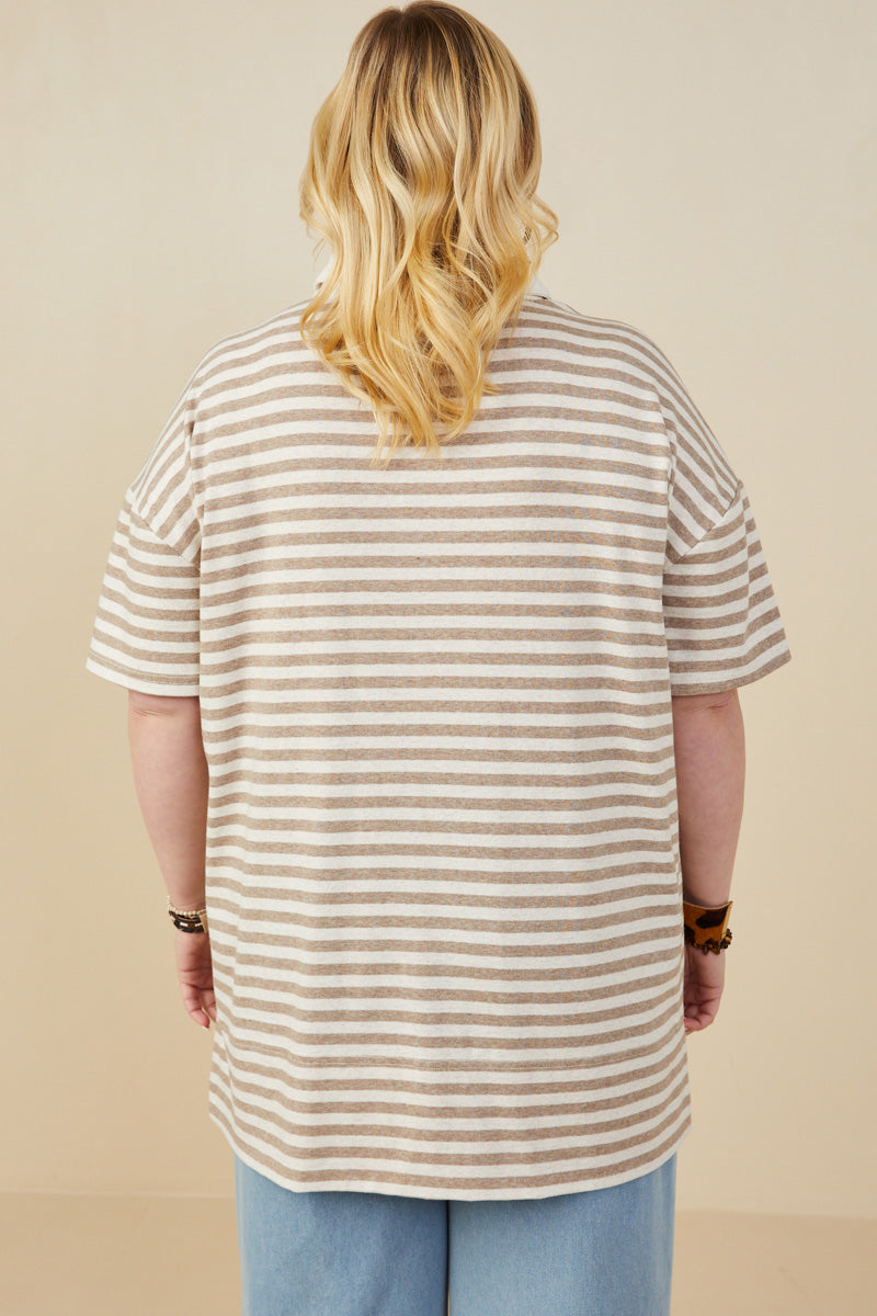 HY9242W Taupe Plus Brushed Striped Button Detail Boxy Polo Shirt Detail