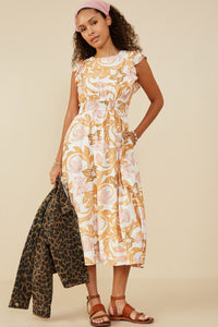 HY9244 Taupe Womens Floral Print Ruffled Sleeveless Dress Full Body