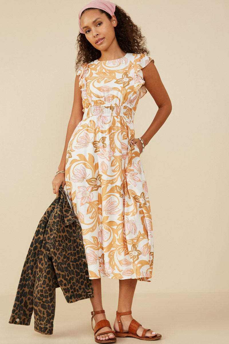 Floral Print Ruffled Sleeveless Dress