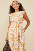 HY9244W Taupe Plus Floral Print Ruffled Sleeveless Dress Full Body