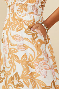 HY9244 Taupe Womens Floral Print Ruffled Sleeveless Dress Gif