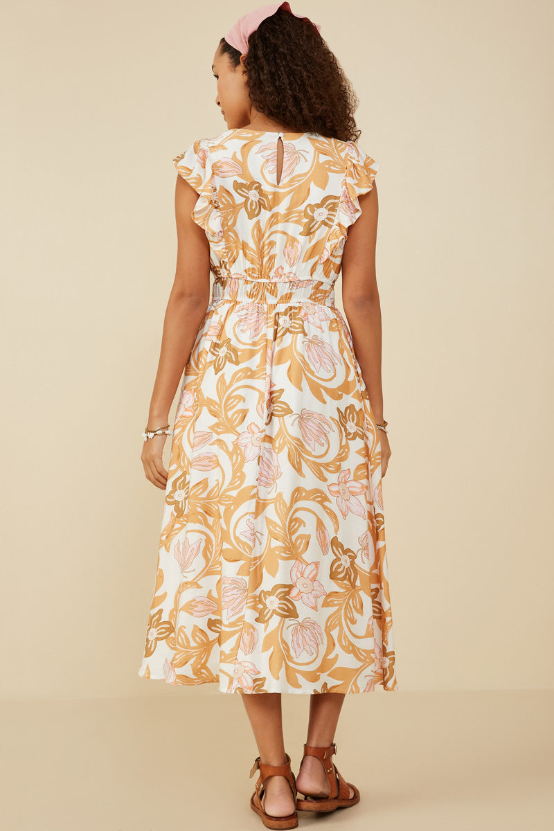 HY9244 Taupe Womens Floral Print Ruffled Sleeveless Dress Front